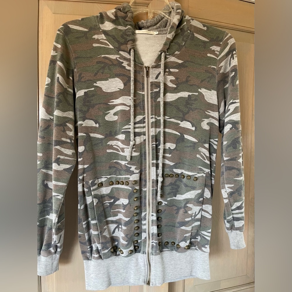 SOLD, Camouflage Zip-Up Hoodie with Studded Pockets